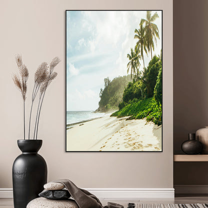 A tropical beach with palm trees, soft sand, and ocean waves under a bright sky, creating a peaceful and relaxing coastal view.