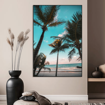 Tall palm trees swaying over a tropical beach with turquoise ocean waves and a soft sunset glow, creating a relaxing coastal vibe.
