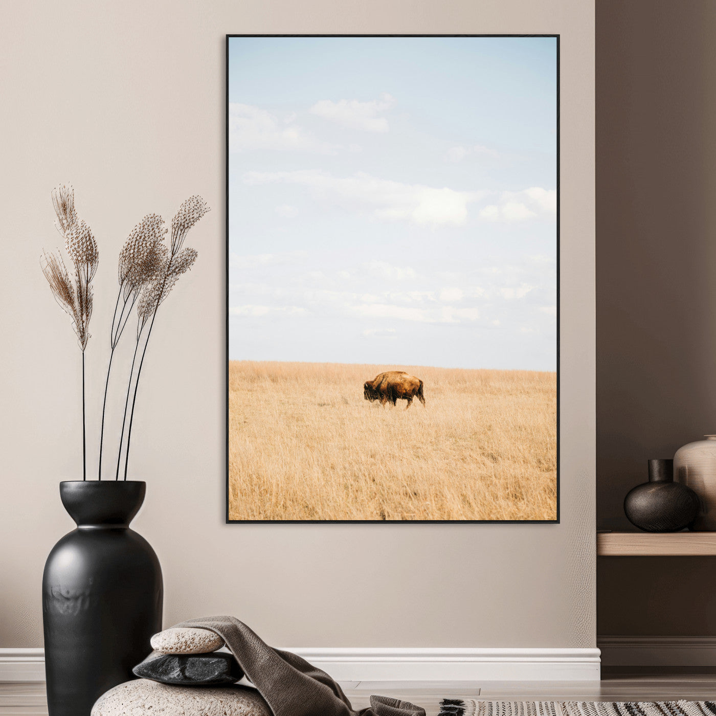 Minimalist Nature Wall Art Canvas Print, Framed Bison In Grassland Art Picture Print, Open Field Perfect Modern Ranch Decor Decor Artwork