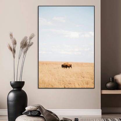 Minimalist Nature Wall Art Canvas Print, Framed Bison In Grassland Art Picture Print, Open Field Perfect Modern Ranch Decor Decor Artwork