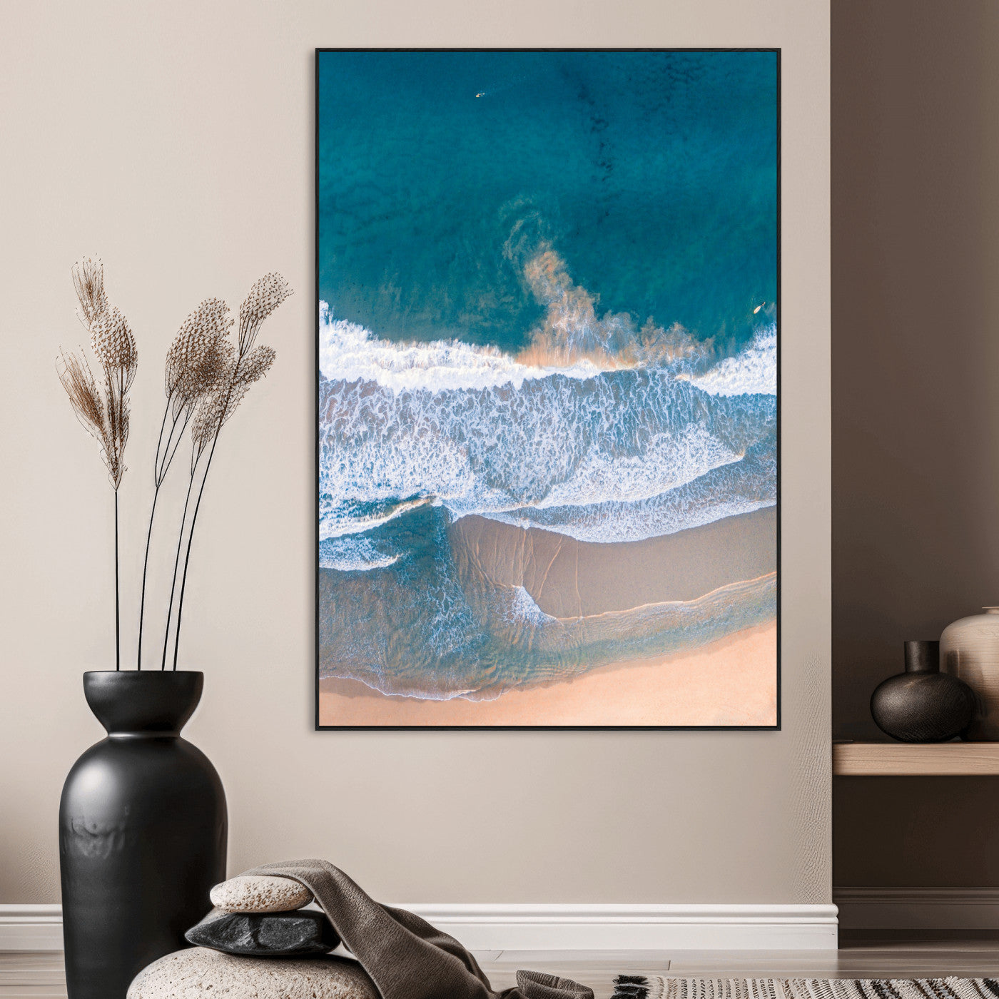 -Aerial Beach View Wall Art Canvas Print, Framed Ocean Waves Art Picture Print, Coastal Serenity Perfect Coastal Minimalist Decor Artwork