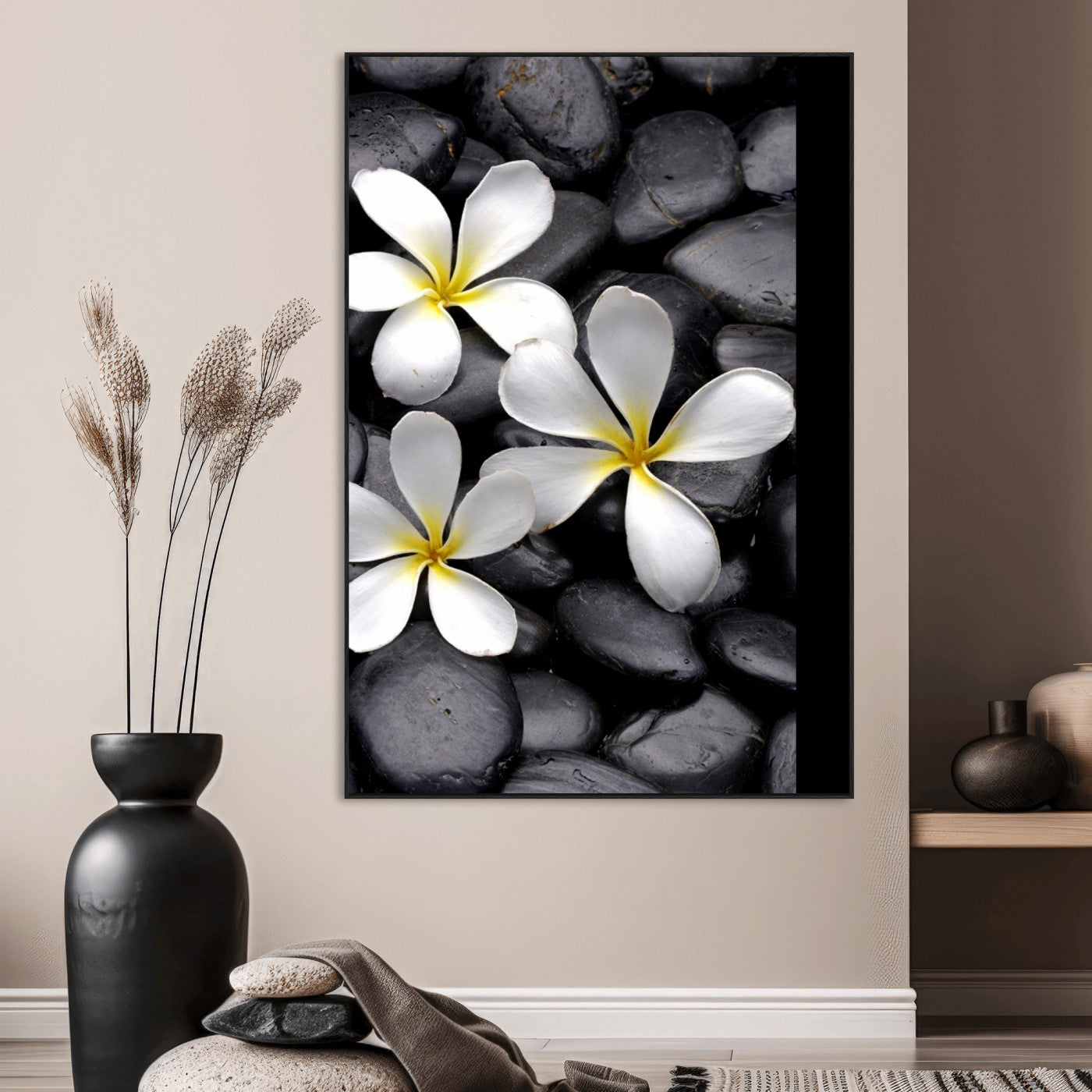 Large Wall Art White Flowers on Black Zen Meditation Stones Vertical Canvas Print