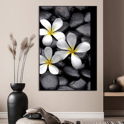 Large Wall Art White Flowers on Black Zen Meditation Stones Vertical Canvas Print