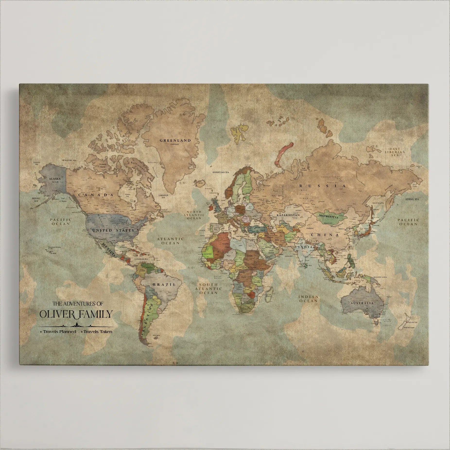 77826024-MGV-CV-36X24-Personalized Travel Map Canvas Print – Custom Framed Push Pin World Art Gift for Couples, Anniversaries, or Explorer-Themed Decor