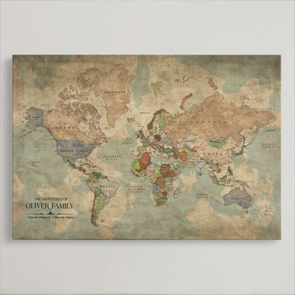 77826024-MGV-CV-36X24-Personalized Travel Map Canvas Print – Custom Framed Push Pin World Art Gift for Couples, Anniversaries, or Explorer-Themed Decor
