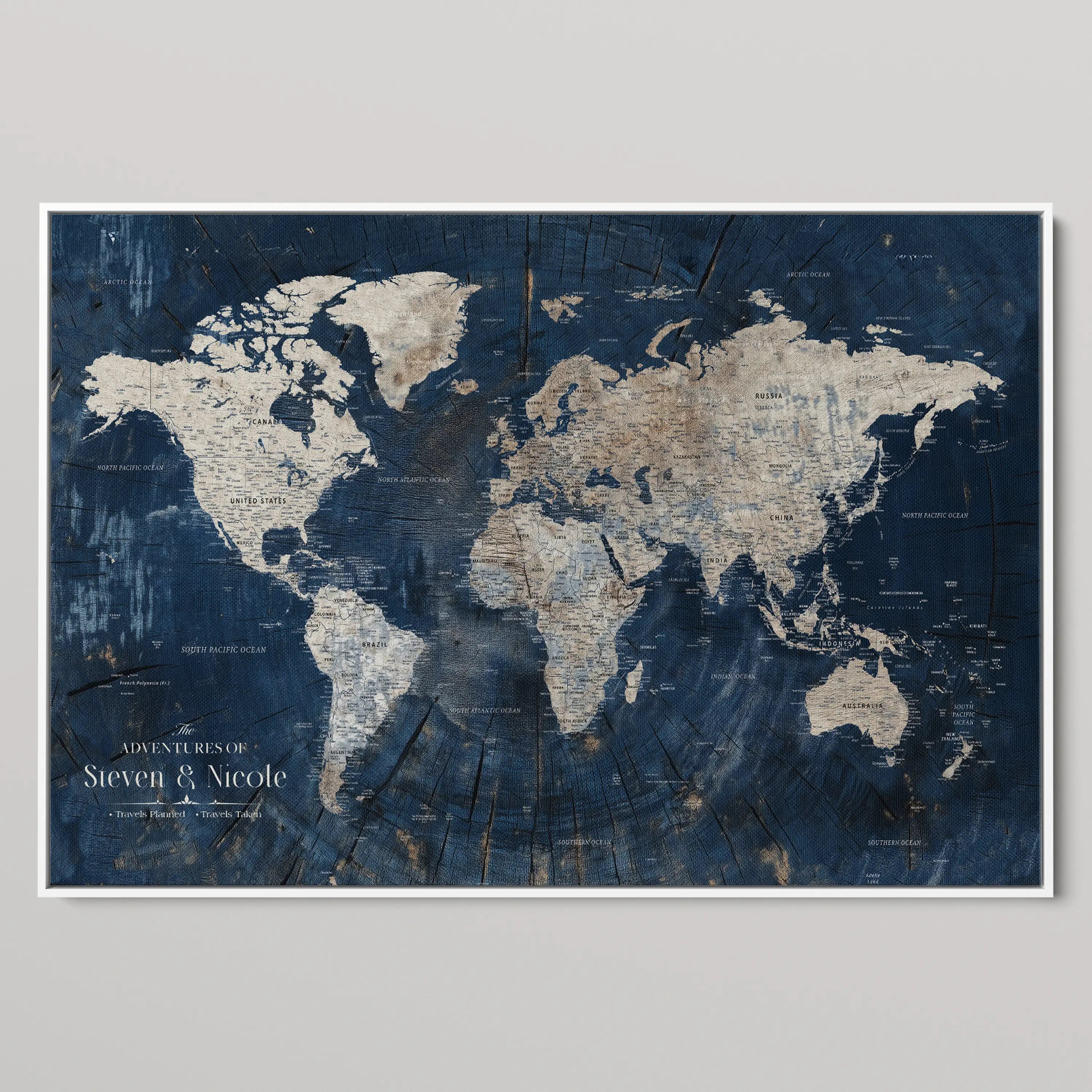 77826024-MGV-CV-36X24-Personalized Travel Map Canvas Print – Custom Framed Push Pin World Art Gift for Couples, Anniversaries, or Explorer-Themed Decor