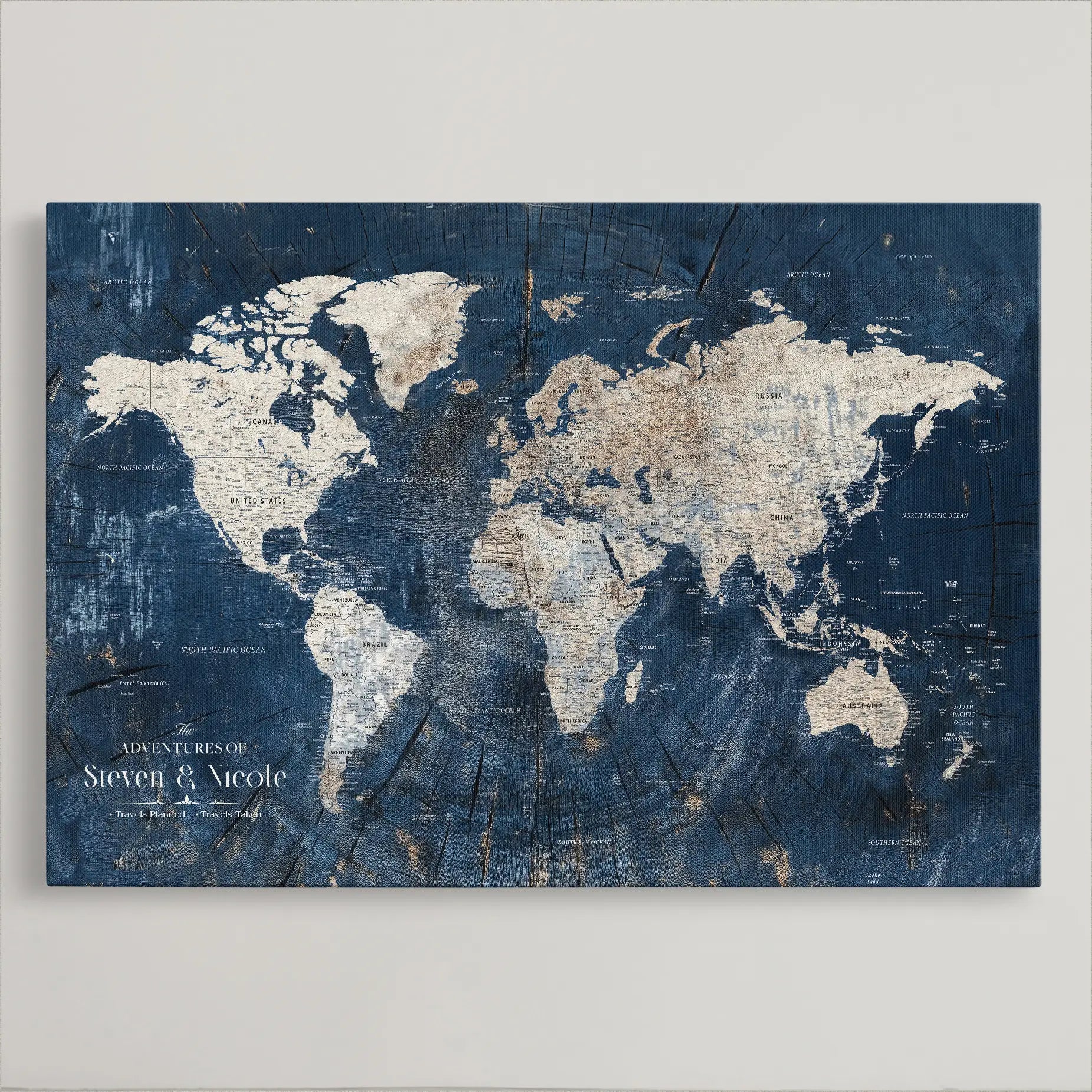 77826024-MGV-CV-36X24-Personalized Travel Map Canvas Print – Custom Framed Push Pin World Art Gift for Couples, Anniversaries, or Explorer-Themed Decor