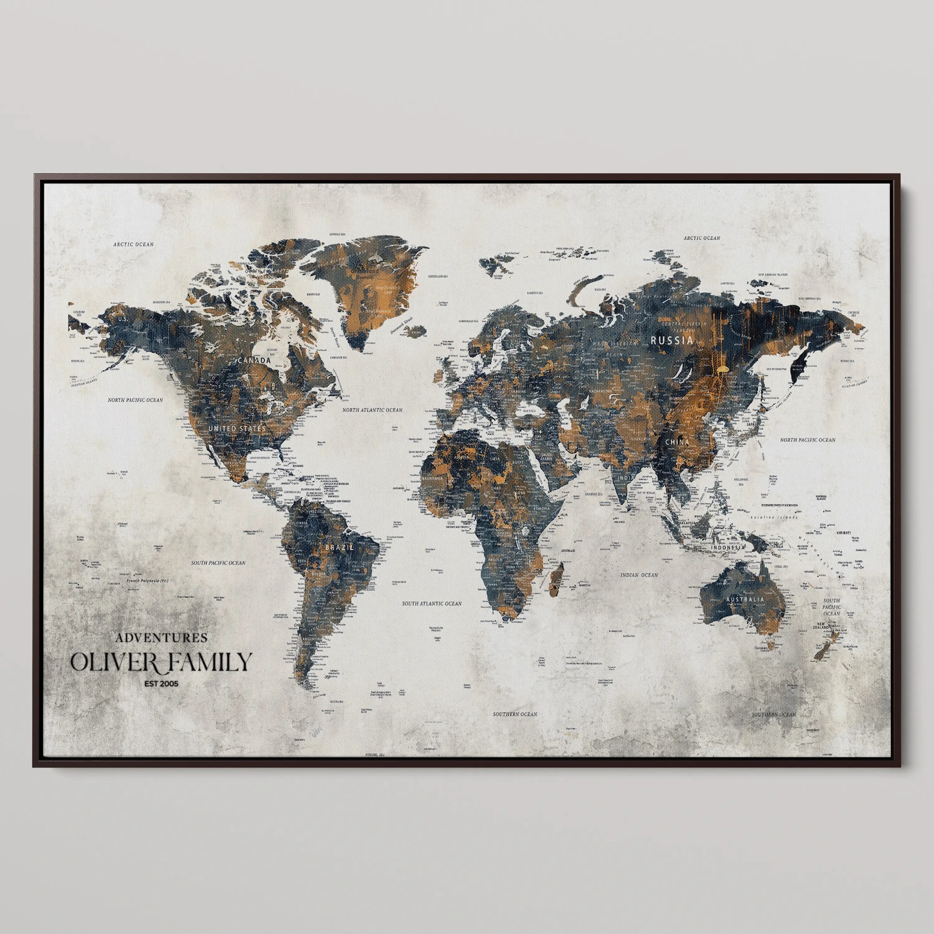 77826024-MGV-CV-36X24-Personalized Travel Map Canvas Print – Custom Framed Push Pin World Art Gift for Couples, Anniversaries, or Explorer-Themed Decor