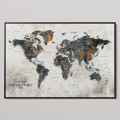 77826024-MGV-CV-36X24-Personalized Travel Map Canvas Print – Custom Framed Push Pin World Art Gift for Couples, Anniversaries, or Explorer-Themed Decor