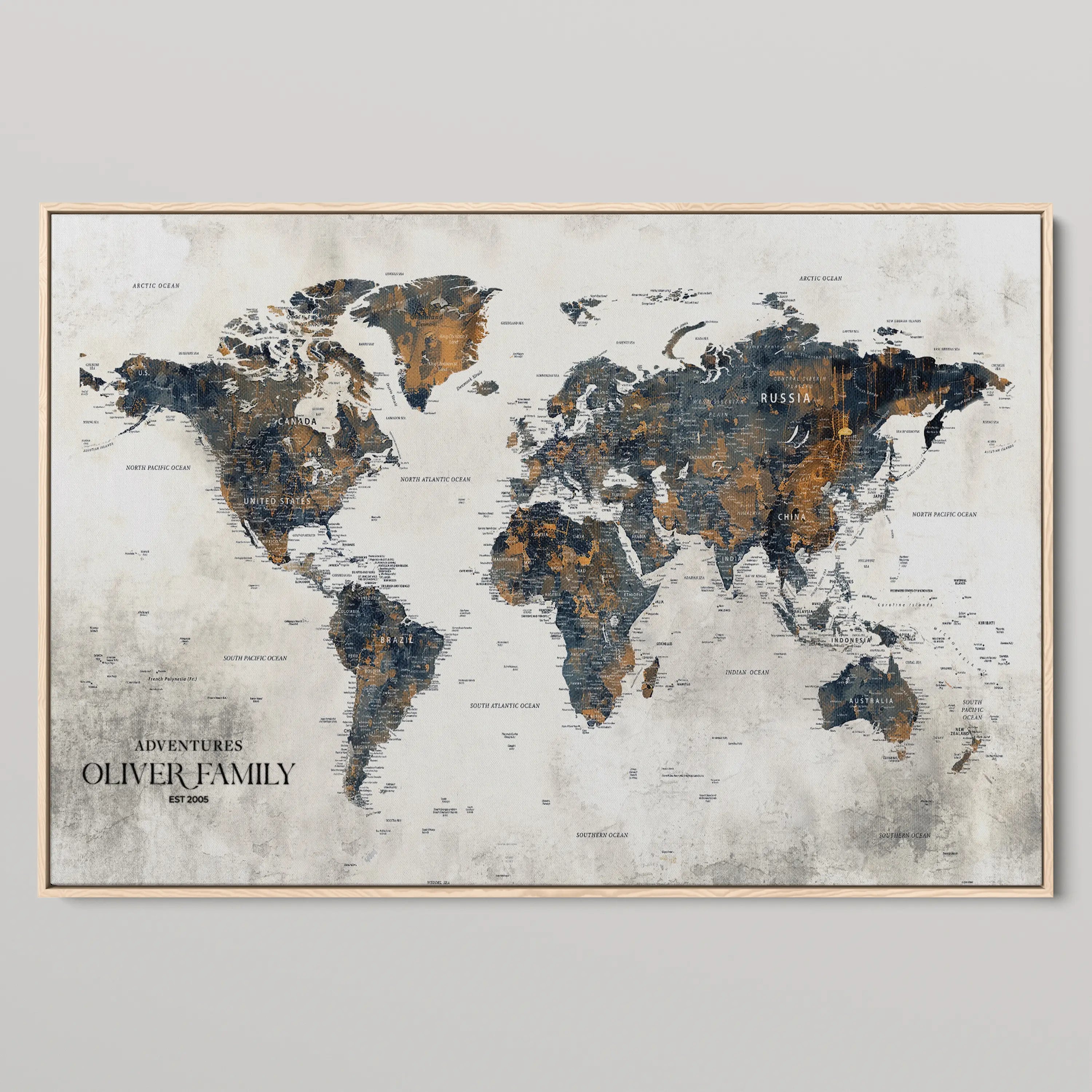 77826024-MGV-CV-36X24-Personalized Travel Map Canvas Print – Custom Framed Push Pin World Art Gift for Couples, Anniversaries, or Explorer-Themed Decor
