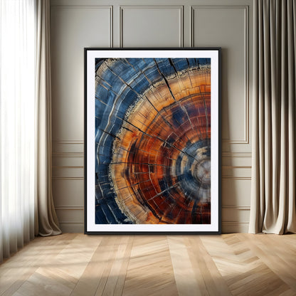 Canvas of colorful tree rings in rich blue and warm orange hues with cracked natural texture, ideal for rustic or earthy decor styles.