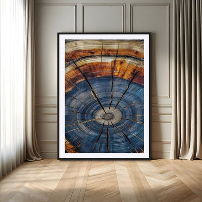 Canvas of a tree ring with bold blue and orange hues and cracked radial lines, ideal for rustic or earthy modern interiors.