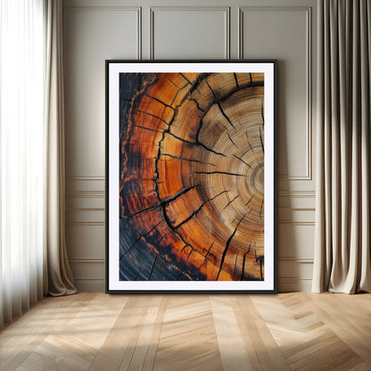 Canvas of a cracked tree ring with warm burnt orange tones and dark edges, ideal for rustic or earthy home decor themes.