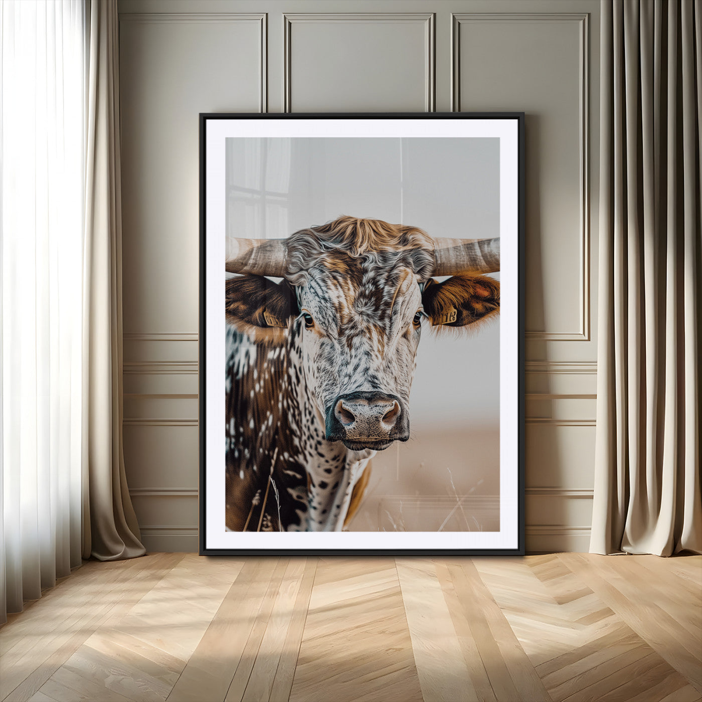 Canvas of a speckled Texas longhorn with wide curved horns and warm tones, perfect for rustic or country-style wall decor.
