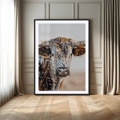 Canvas of a speckled Texas longhorn with wide curved horns and warm tones, perfect for rustic or country-style wall decor.