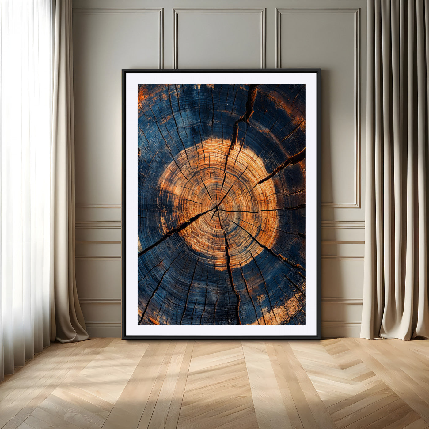 Close-up canvas of tree rings with burnt orange and deep blue tones, perfect for rustic or earthy-themed home decor.