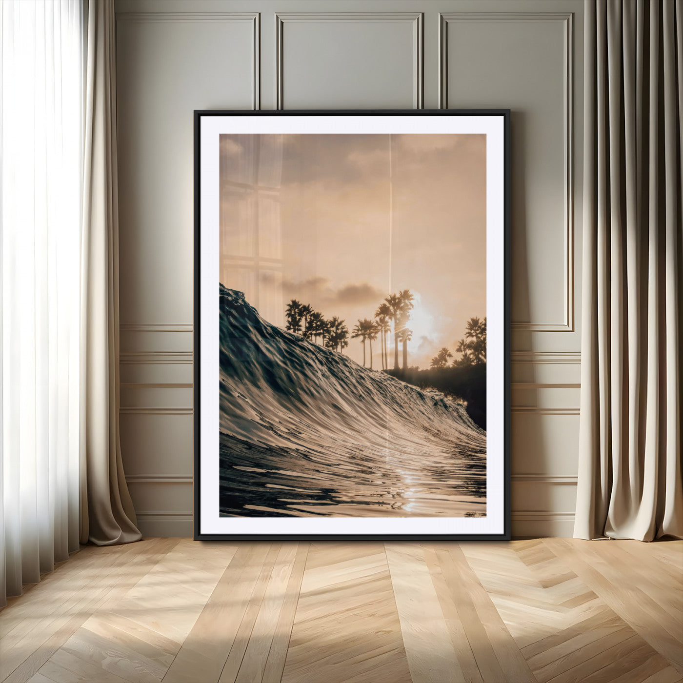 Golden sunset view of an ocean wave curling near palm trees, radiating warm tones perfect for coastal or tropical-themed decor.