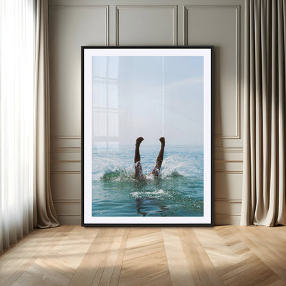 Vibrant ocean canvas of a playful diving splash, ideal for coastal or beach-themed interiors with a lively summer vibe.
