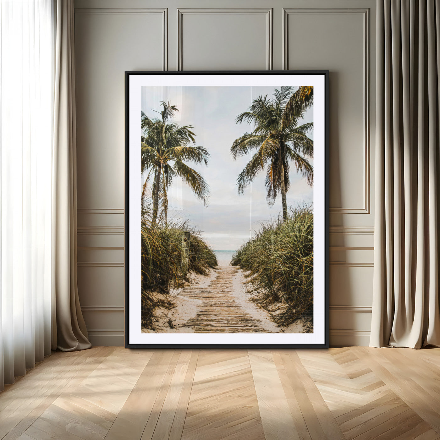 Canvas wall art of a tropical beach path with palm trees and dune grass, ideal for coastal entryways or tropical-inspired home decor.