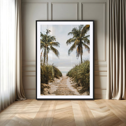 Canvas wall art of a tropical beach path with palm trees and dune grass, ideal for coastal entryways or tropical-inspired home decor.