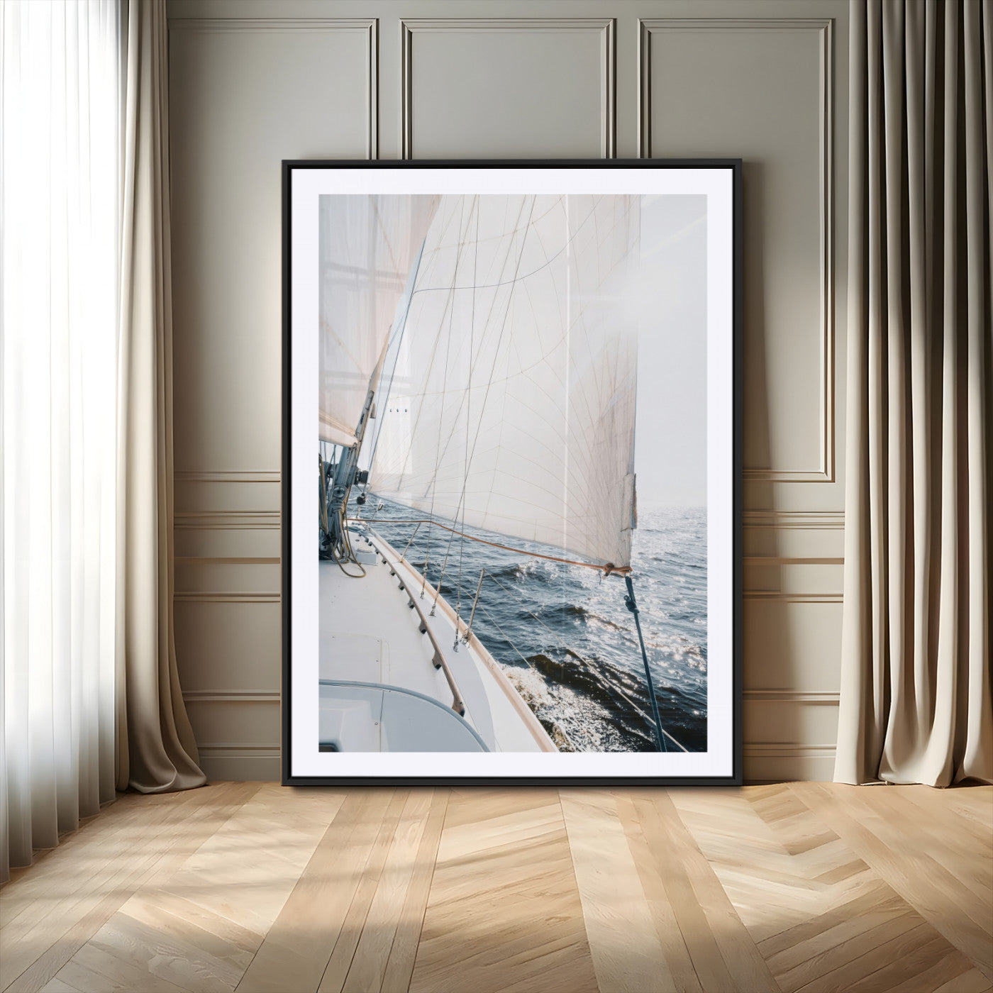 Canvas of a sailboat gliding on a sunlit ocean with white sails and sparkling water, ideal for coastal minimalist or nautical-style home decor.