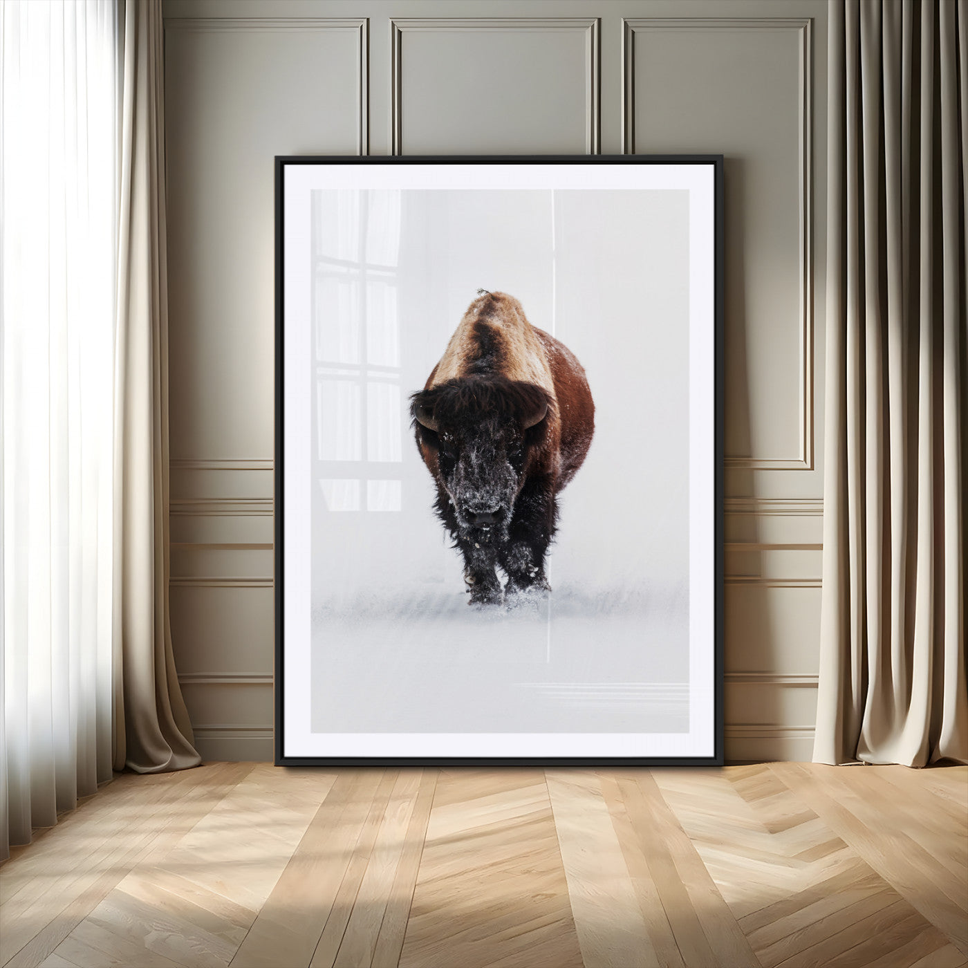 Front view of a strong bison walking in deep snow, isolated white background, perfect for rustic or lodge-style home decor.