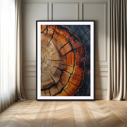 Close-up of a vibrant tree ring cross-section with orange and blue tones, ideal for rustic or boho-style interior decor.