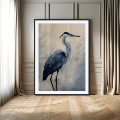 Blue heron standing gracefully on one leg, painted in soft neutrals and cool tones, perfect for modern coastal or nature-inspired decor.