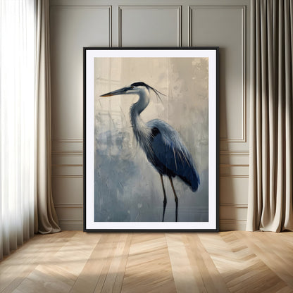 Elegant heron bird standing tall with soft brushstroke texture and muted tones, perfect for coastal or nature-themed home decor.