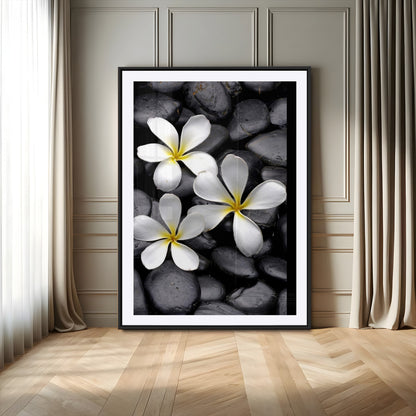 Large Wall Art White Flowers on Black Zen Meditation Stones Vertical Canvas Print
