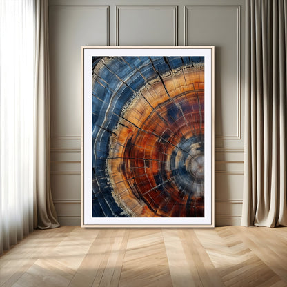 Canvas of colorful tree rings in rich blue and warm orange hues with cracked natural texture, ideal for rustic or earthy decor styles.