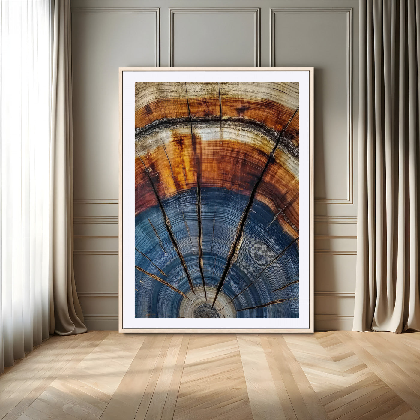 Canvas of a tree ring with bold blue and orange hues and cracked radial lines, ideal for rustic or earthy modern interiors.