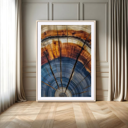 Canvas of a tree ring with bold blue and orange hues and cracked radial lines, ideal for rustic or earthy modern interiors.