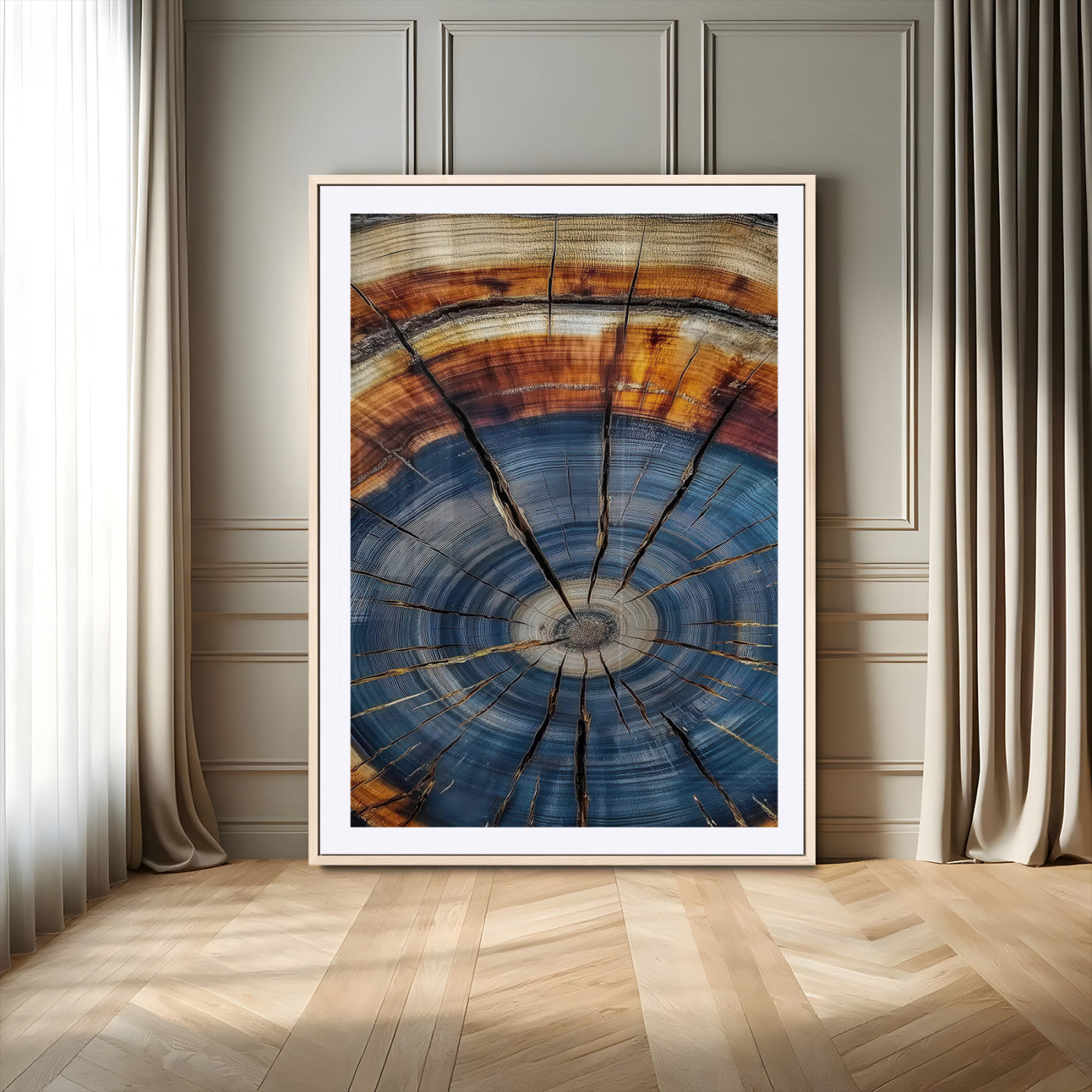 Canvas of a tree ring with bold blue and orange hues and cracked radial lines, ideal for rustic or earthy modern interiors.
