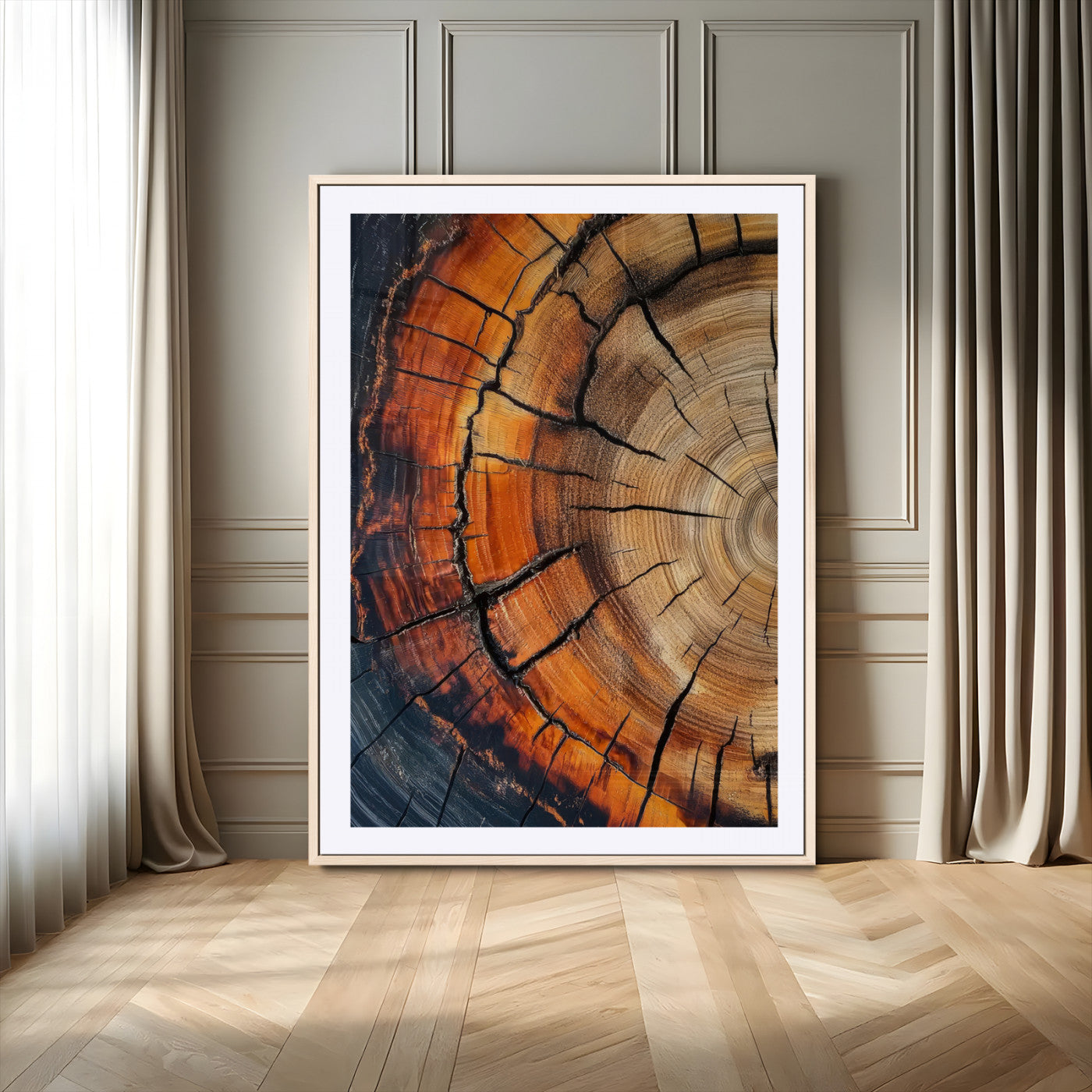 Canvas of a cracked tree ring with warm burnt orange tones and dark edges, ideal for rustic or earthy home decor themes.