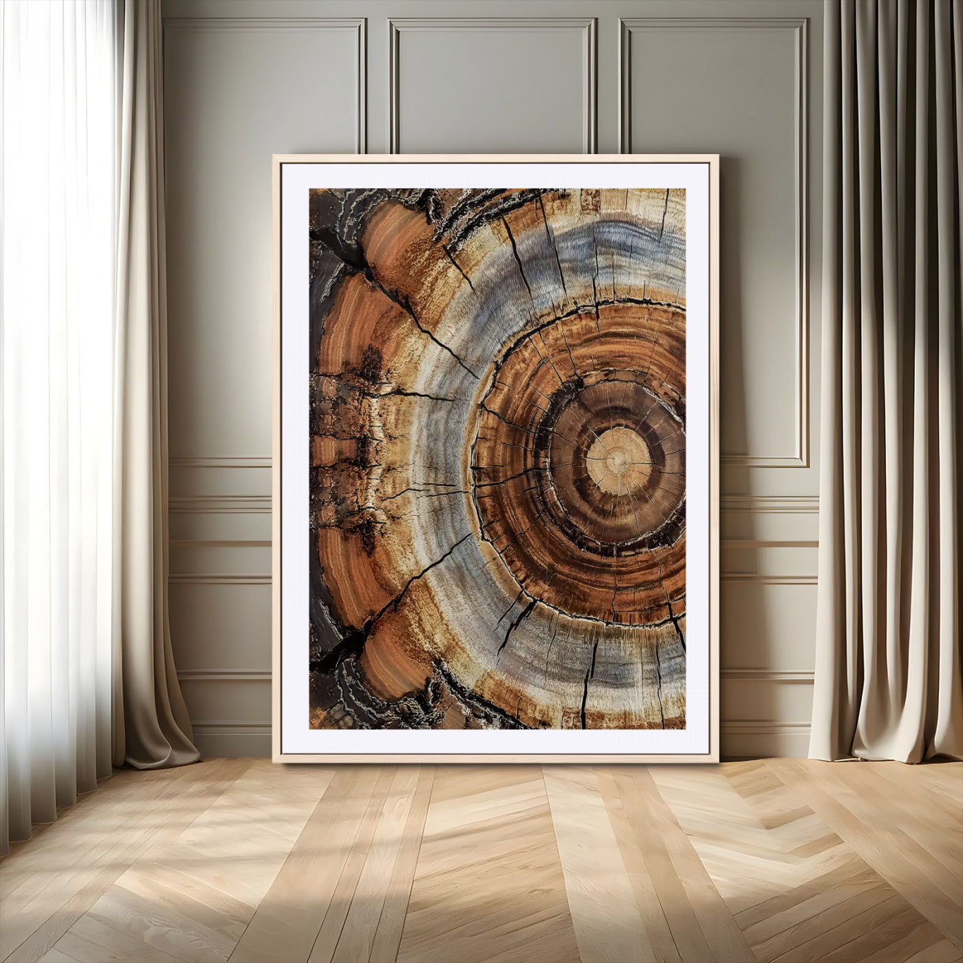 Canvas of tree rings and natural wood grain in earthy tones, ideal for rustic or vintage-inspired home decor with organic textures.