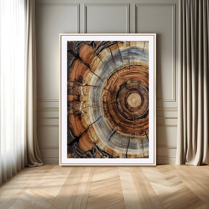 Canvas of tree rings and natural wood grain in earthy tones, ideal for rustic or vintage-inspired home decor with organic textures.