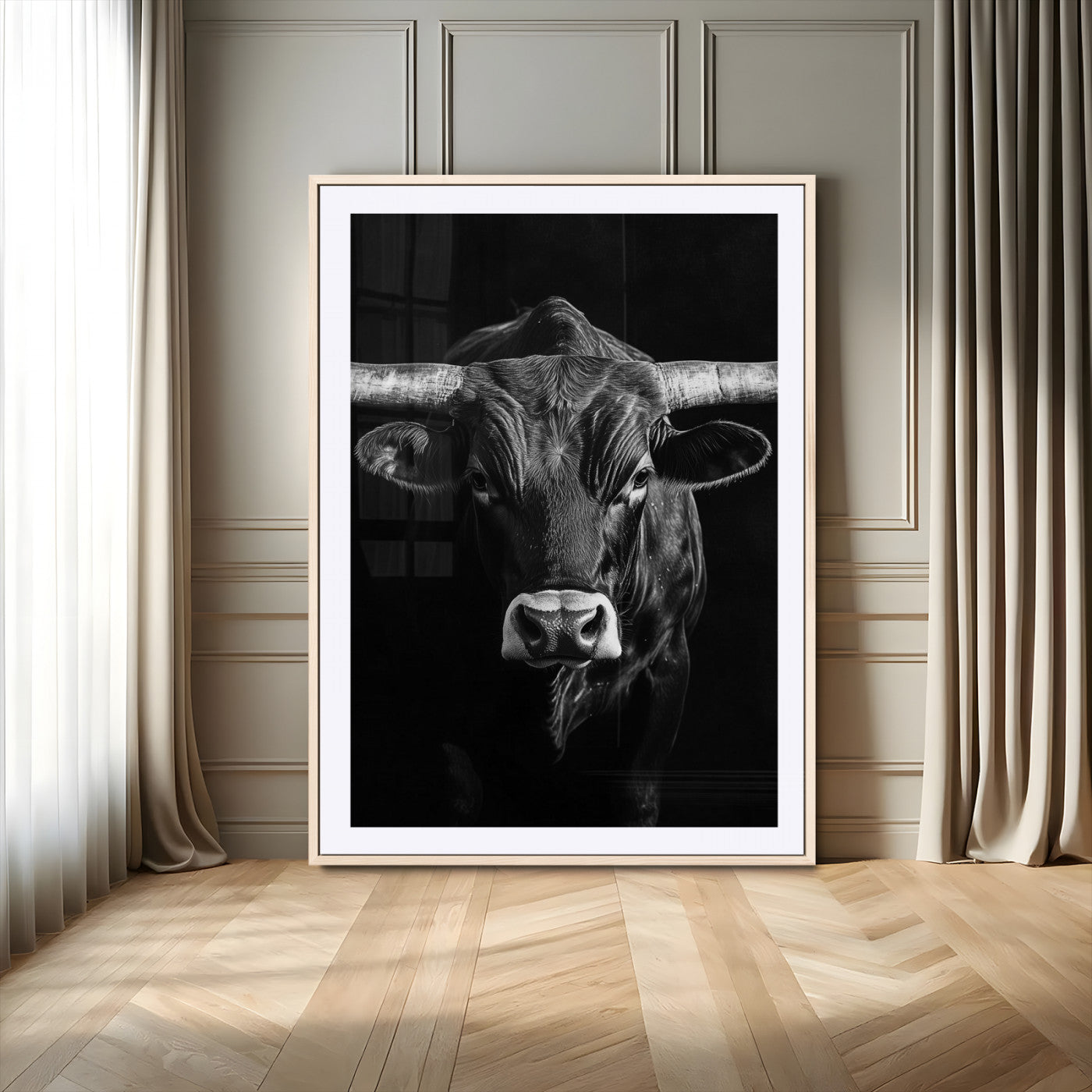 Canvas of a Texas longhorn in black and white with dramatic lighting and bold contrast, ideal for rustic or modern western wall decor.