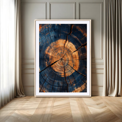 Close-up canvas of tree rings with burnt orange and deep blue tones, perfect for rustic or earthy-themed home decor.