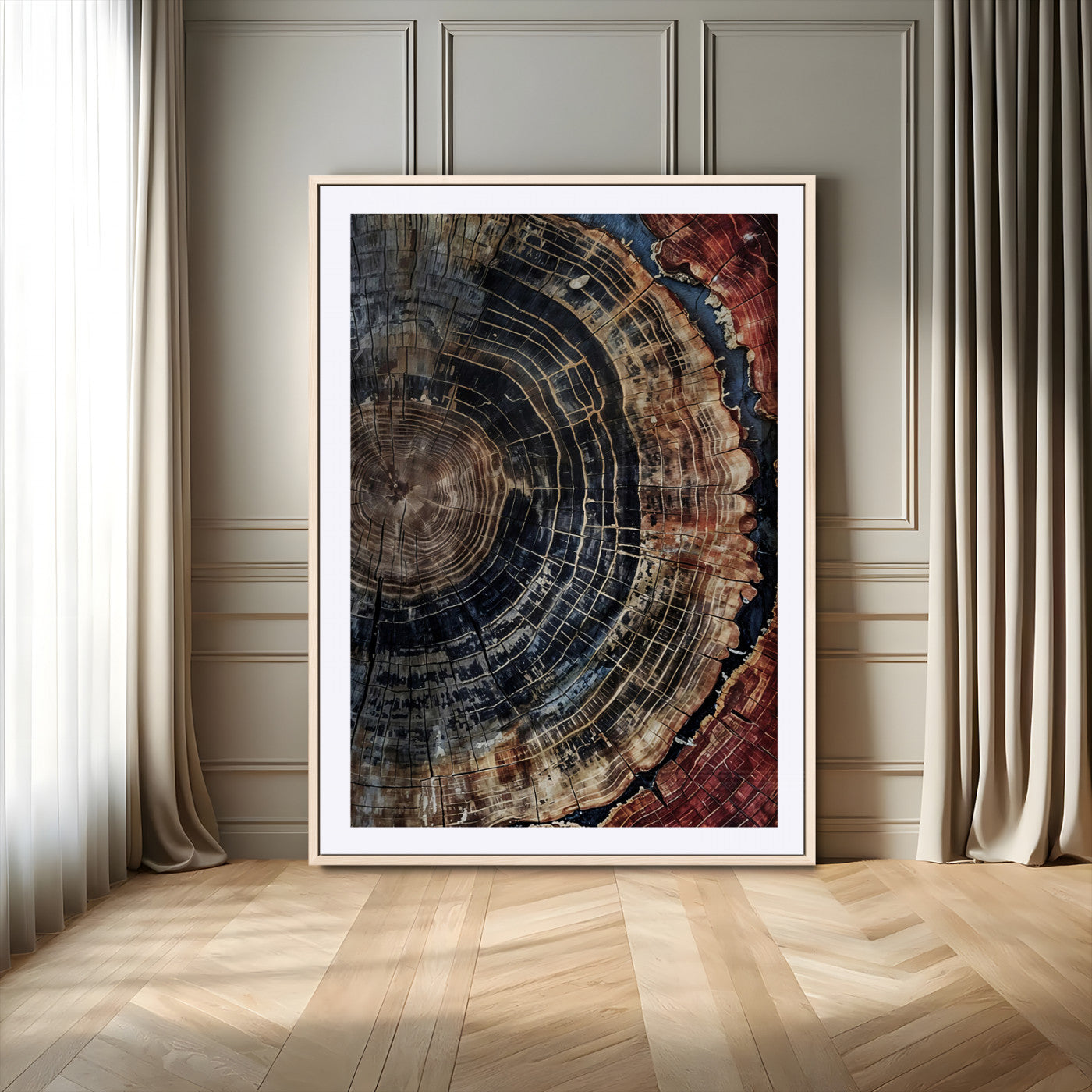 Rustic canvas featuring detailed tree rings and dark earthy tones, ideal for moody wood or organic nature-inspired home decor.