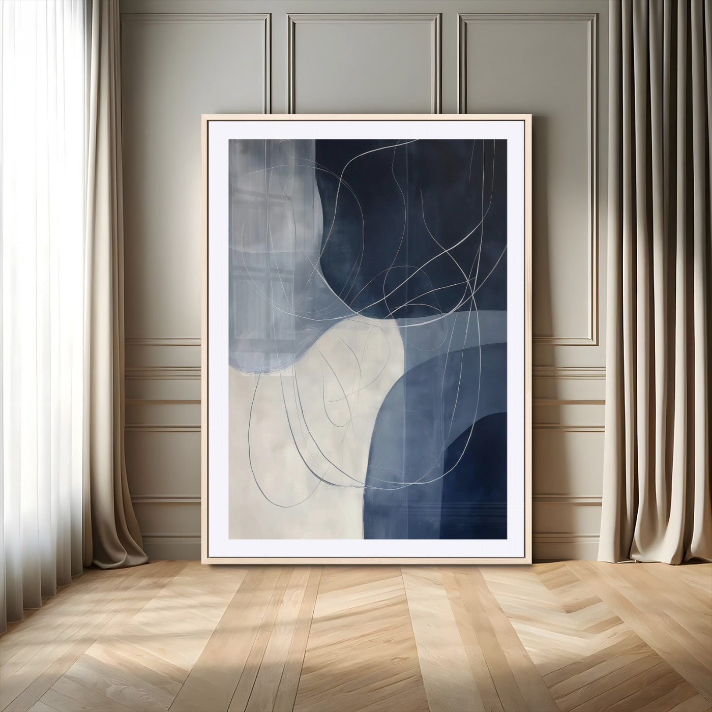 Contemporary abstract canvas with navy, grey, and white curved forms and fine line details, ideal for minimalist or modern interiors.