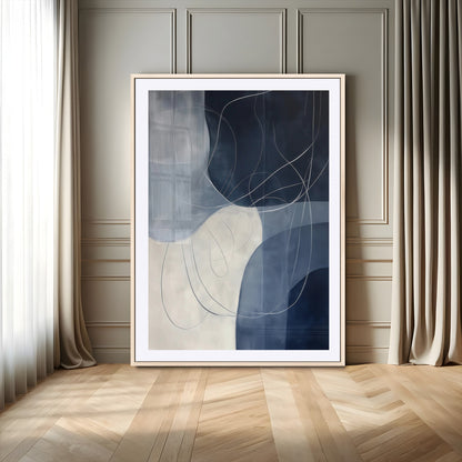 Contemporary abstract canvas with navy, grey, and white curved forms and fine line details, ideal for minimalist or modern interiors.