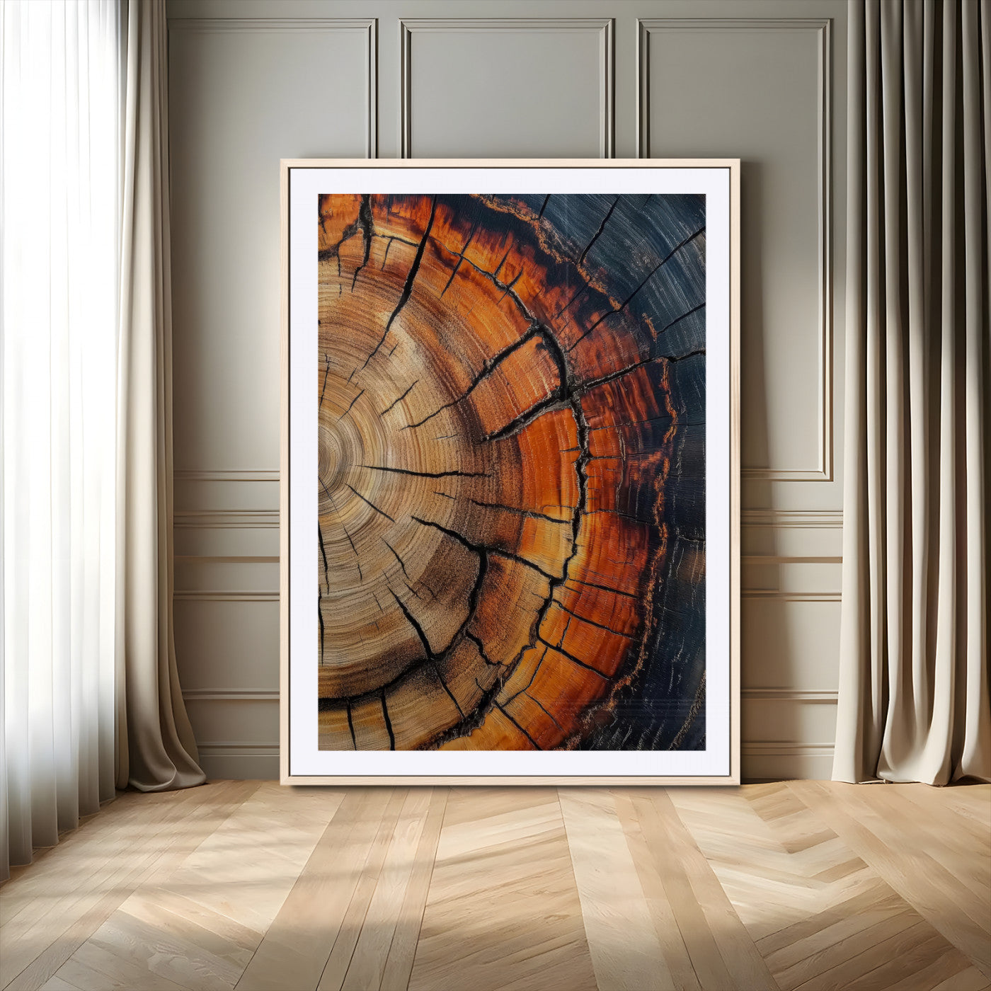 Framed canvas of burnt tree rings with rich wood texture and warm tones, ideal for rustic or earth-inspired interior decor.