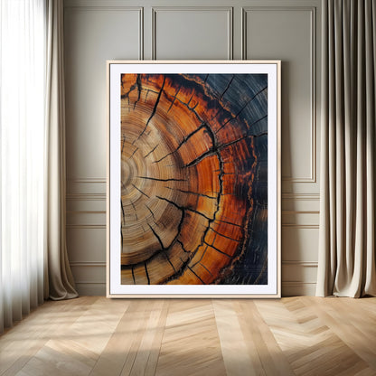 Framed canvas of burnt tree rings with rich wood texture and warm tones, ideal for rustic or earth-inspired interior decor.