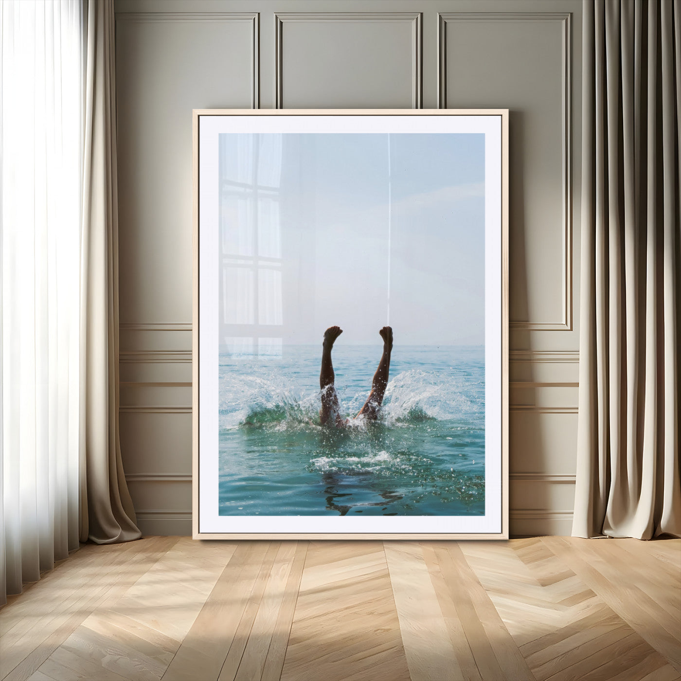 Vibrant ocean canvas of a playful diving splash, ideal for coastal or beach-themed interiors with a lively summer vibe.