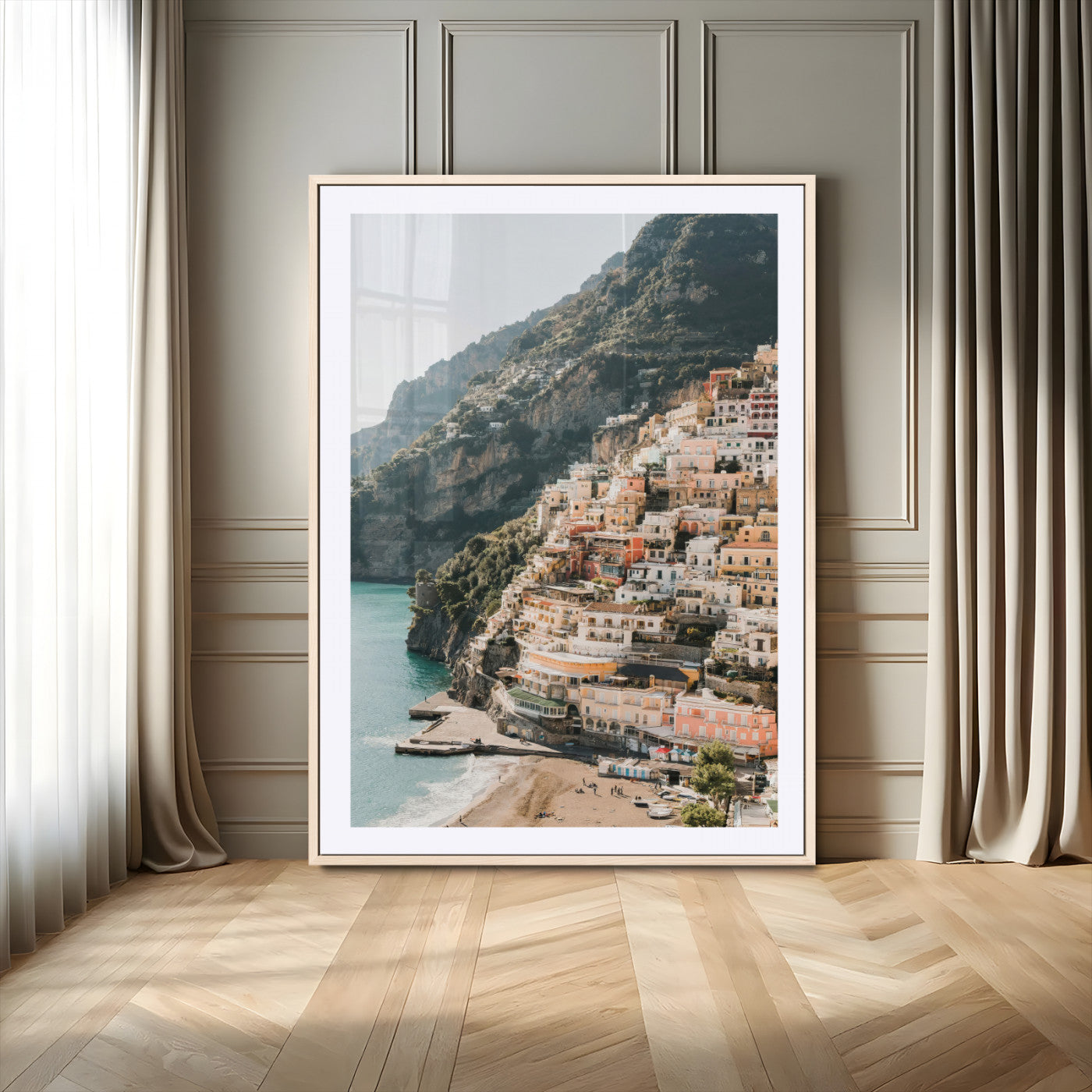 Canvas of colorful cliffside homes in Positano along the Amalfi Coast with warm tones, perfect for Mediterranean coastal or European-inspired home decor.