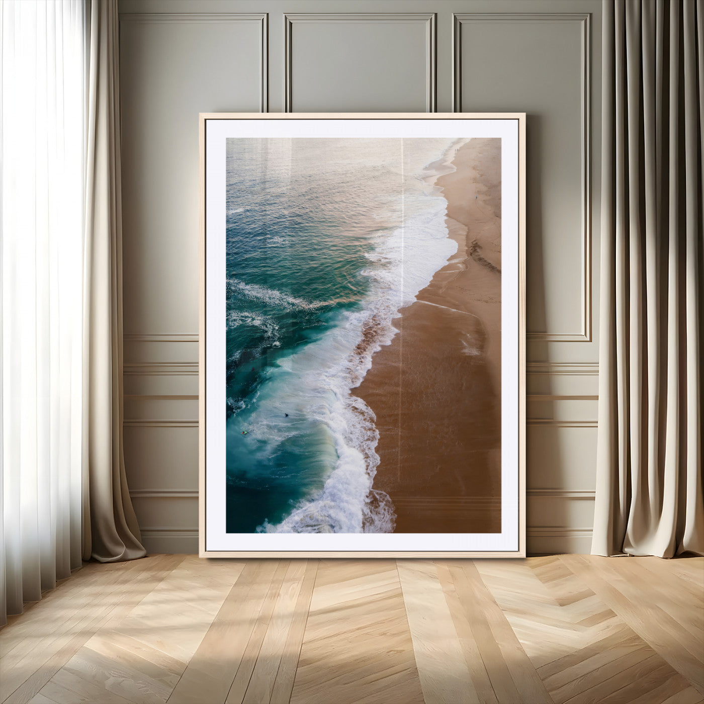 Canvas of a dreamy aerial beach scene with turquoise waves and soft sunset tones, ideal for modern coastal or minimalist home decor.