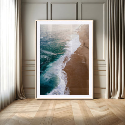 Canvas of a dreamy aerial beach scene with turquoise waves and soft sunset tones, ideal for modern coastal or minimalist home decor.