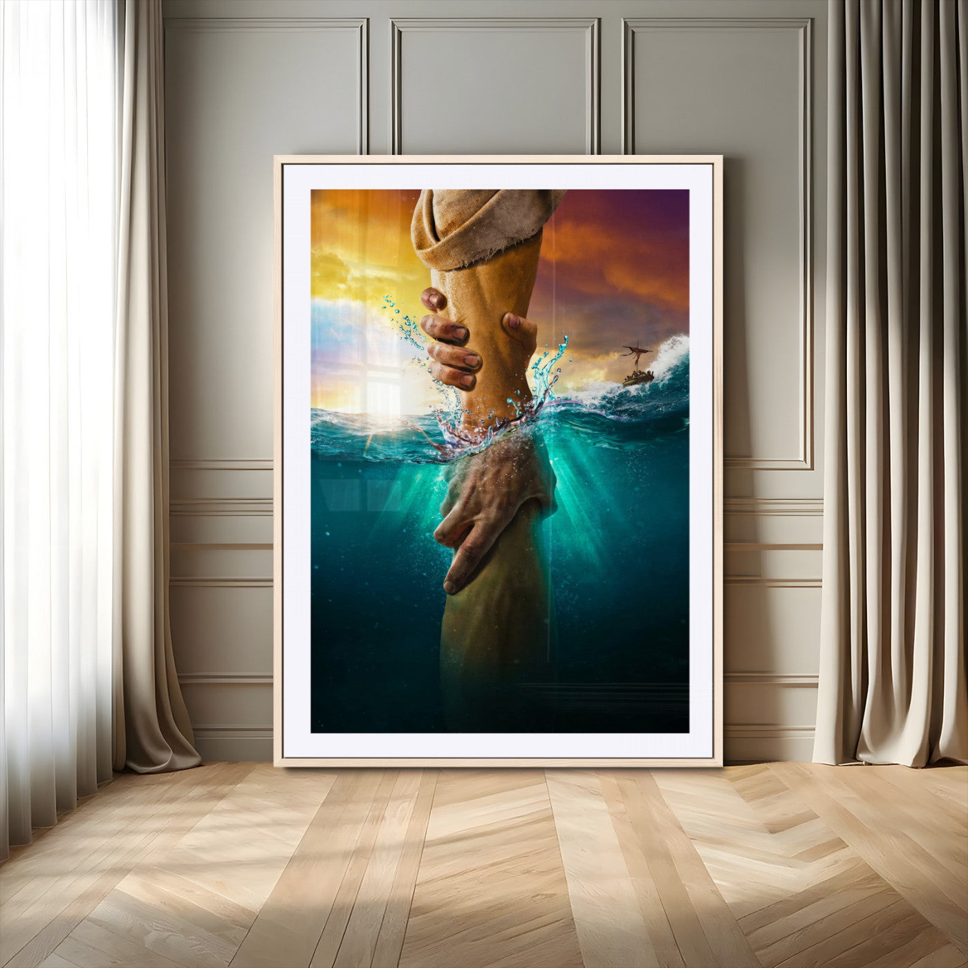 A dramatic scene of a hand reaching underwater and being lifted, symbolizing rescue and faith, ideal for spiritual or Christian wall decor.