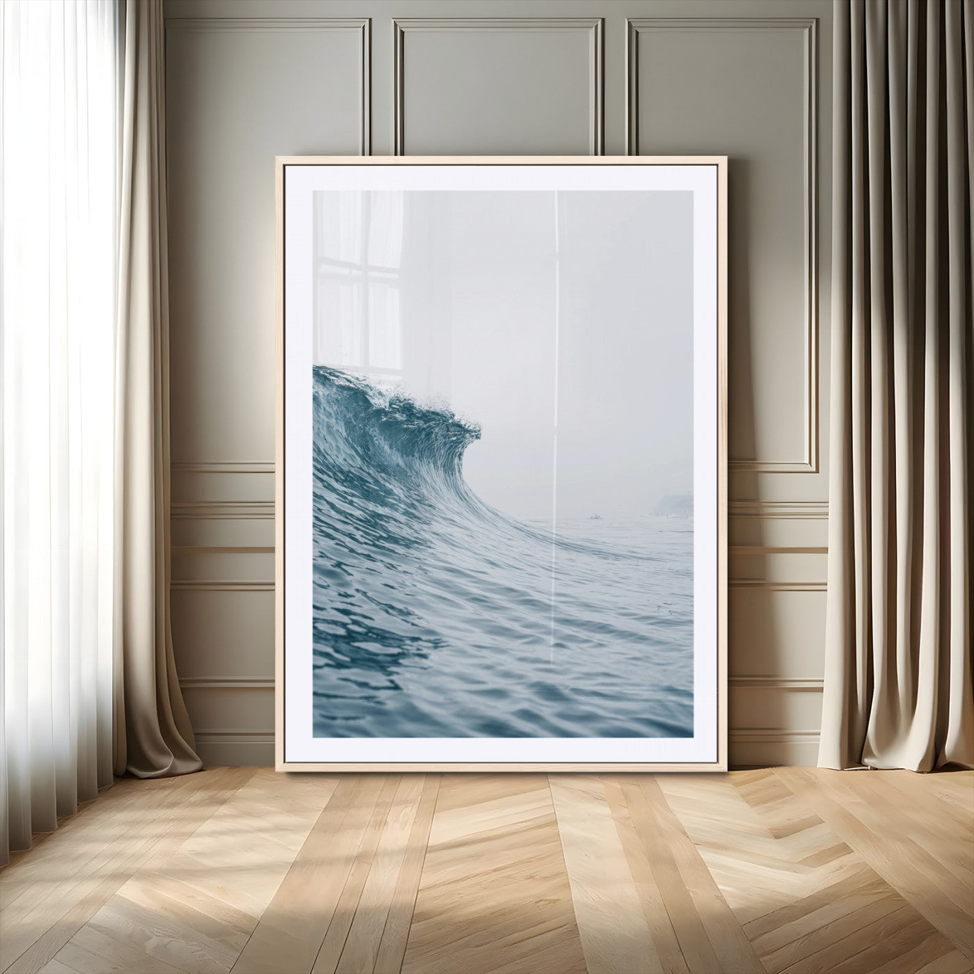 A single ocean wave curling in soft blue tones under a misty sky, ideal for coastal or minimalist home wall decor.